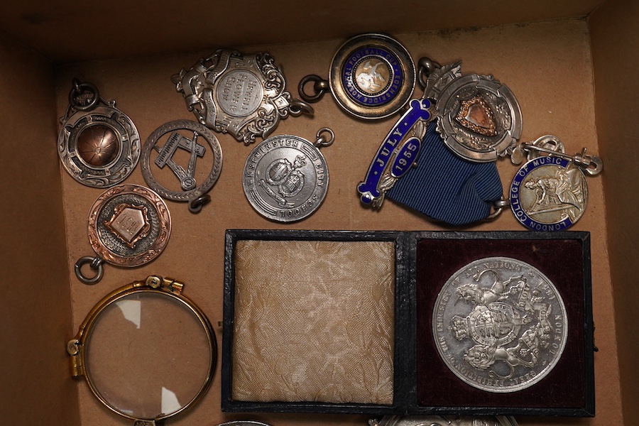 A group of commemorative silver medals, including three Polytechnic students exhibition 1932/3, a Victorian Edinburgh Academy Fencing medal, eleven further silver medals, a cased Great Exhibition of the Industry of All N